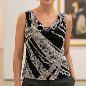 St John Black Tan Sheer Silk Top Size S Draped Cowl Neck Sleeveless Blouse